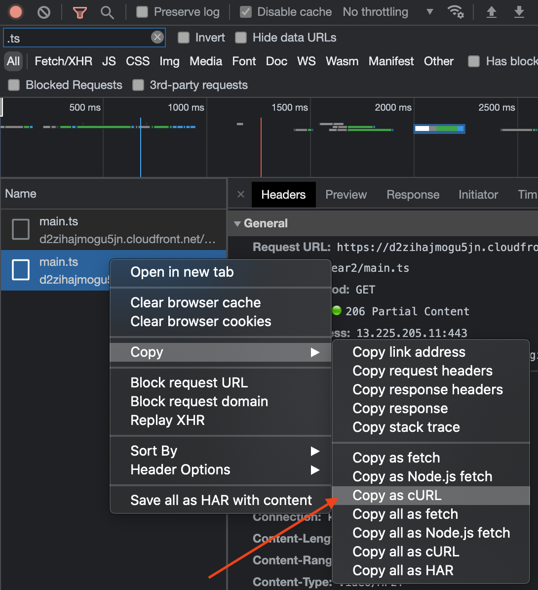 Image of option for Copy as cURL