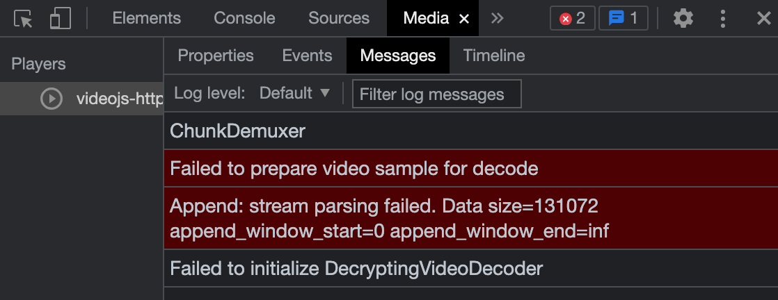 Image of devtools Media panel with error message