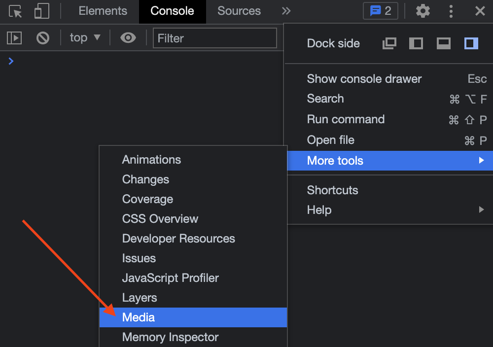 Image of enabling devtools Media panel in Chrome